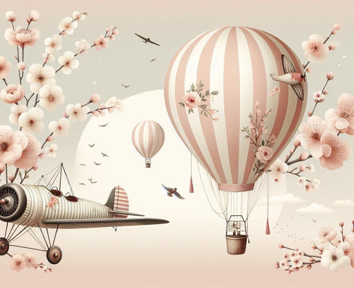 Hot Air Balloon Mural Wallpaper | Pink Cherry Blossom Branches, Airplanes, Striped Balloons