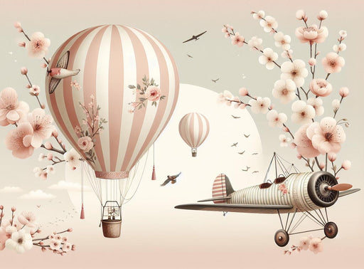 Hot Air Balloon Mural Wallpaper | Pink Cherry Blossom Branches, Airplanes, Striped Balloons