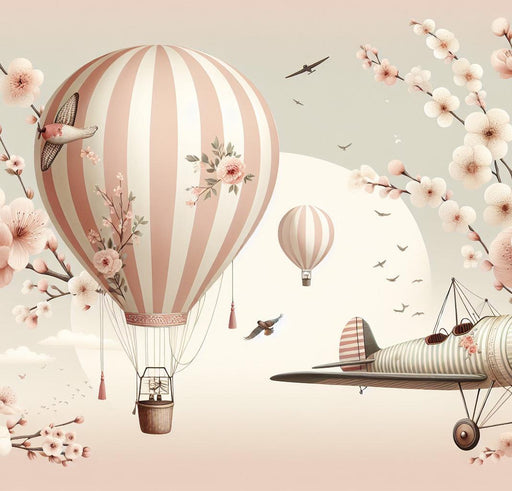 Hot Air Balloon Mural Wallpaper | Pink Cherry Blossom Branches, Airplanes, Striped Balloons