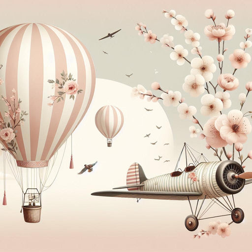 Hot Air Balloon Mural Wallpaper | Pink Cherry Blossom Branches, Airplanes, Striped Balloons
