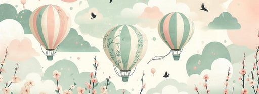 Hot Air Balloon Mural Wallpaper | Pink Cherry Blossoms and Green Clouds