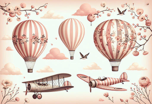 Hot air balloon Mural Wallpaper | Cherry blossom planes and pink balloons