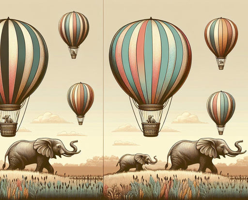 Hot Air Balloon Mural Wallpaper | Elephants and Elephant Calves in the Meadow