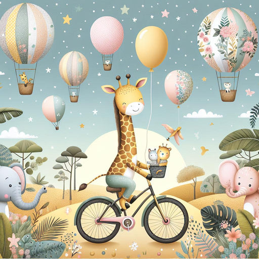 Hot Air Balloon Mural Wallpaper | Giraffe, Elephant in the Tropical Jungle