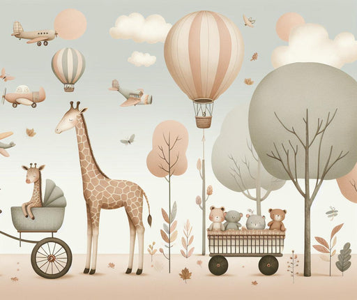 Hot Air Balloon Mural Wallpaper | Giraffes, Airplanes, and Forest for Children