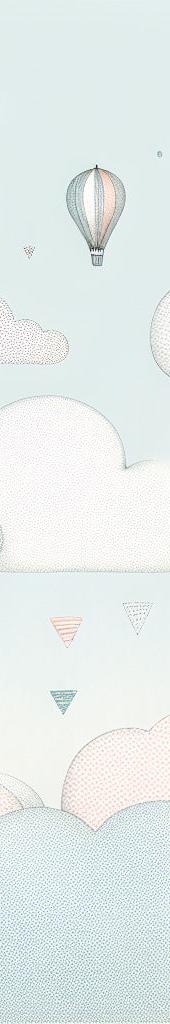 Hot Air Balloon Mural Wallpaper | White and Blue Clouds with Decorated Balloons