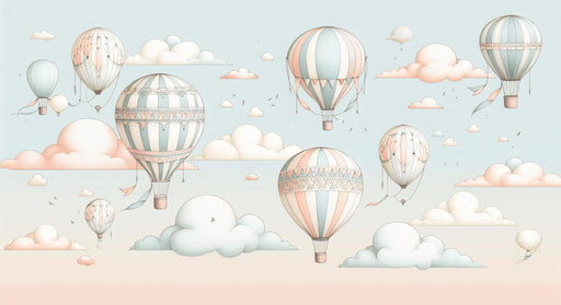 Hot Air Balloon Mural Wallpaper | Pink and Blue Clouds with Decorated Hot Air Balloon