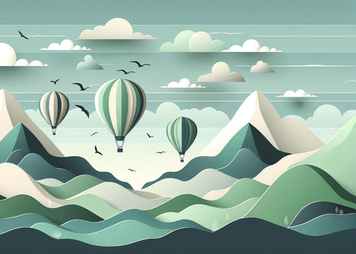 Hot Air Balloon Mural Wallpaper | Green and White Mountainous Relief
