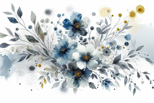 Pastel Floral Mural Wallpaper | Watercolor Blues with Petals and Foliage