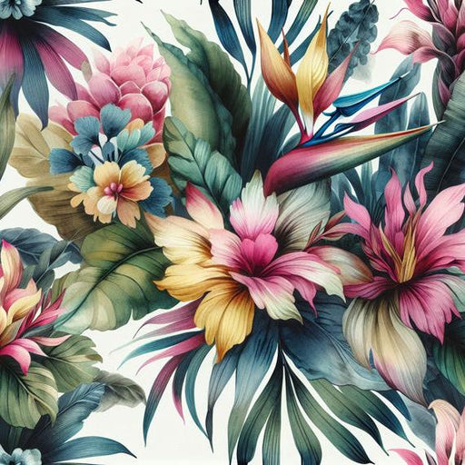 Pastel Floral Mural Wallpaper | Multicolored Tropical Floral Composition