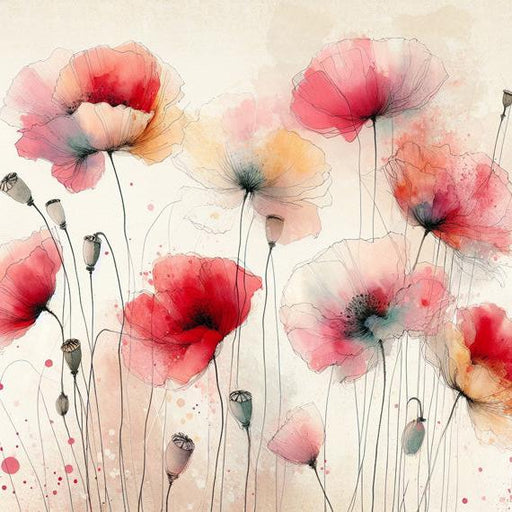 Pastel Floral Mural Wallpaper | Red Poppy with Red Spots