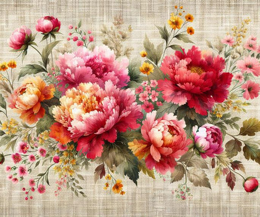Pastel Floral Mural Wallpaper | Pink, Red, and Orange Flowers on Vintage Woven Canvas