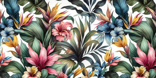 Pastel Floral Mural Wallpaper | Colorful Tropical Flowers on a White Background
