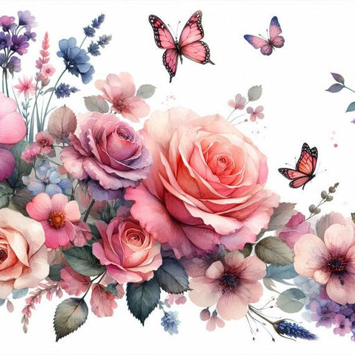 Pastel Floral Mural Wallpaper | Butterflies and Large Flowers on a White Background