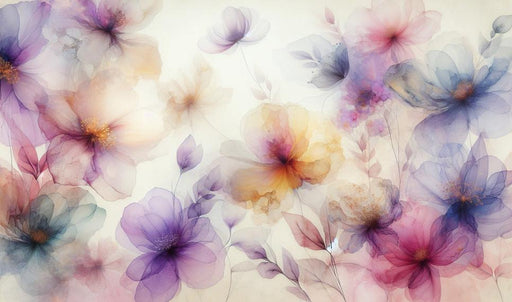 Pastel Floral Mural Wallpaper | Colorful Watercolor Petals in Purple and Yellow