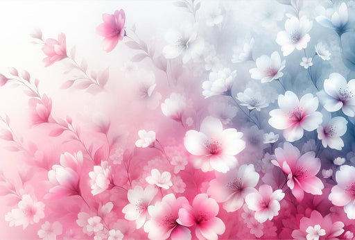 Pink Floral Mural Wallpaper | Field of Magnolias with Pink and Blue Gradient