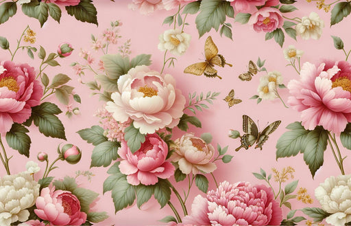 Pink Floral Mural Wallpaper | Vintage Pink and White Chrysanthemums with Butterflies
