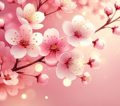 Pink Floral Mural Wallpaper | Pink Cherry Blossoms with Golden Stamen
