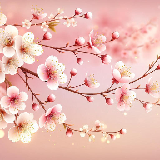 Pink Floral Mural Wallpaper | White and Pink Cherry Blossoms with Golden Stamen