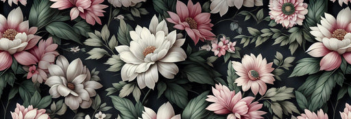 Pink Floral Mural Wallpaper | Pink and White Flowers on Vintage Black Background