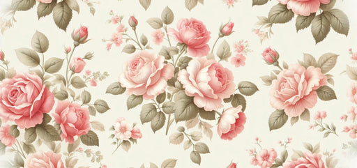 Pink Floral Mural Wallpaper | Roses and Green Leaves on a Pale Background