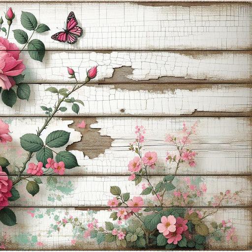 Pink Floral Mural Wallpaper | Roses on Aged Wooden Background
