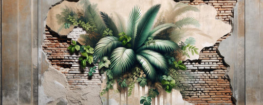 Brick Mural Wallpaper | Green Foliage Optical Illusion