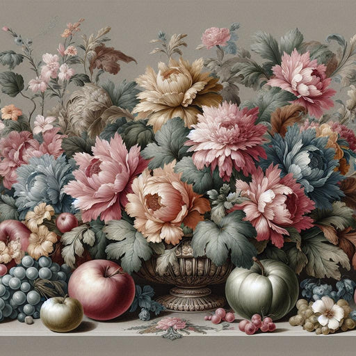 Vintage Floral Mural Wallpaper | Chrysanthemums with Fruits and Vase