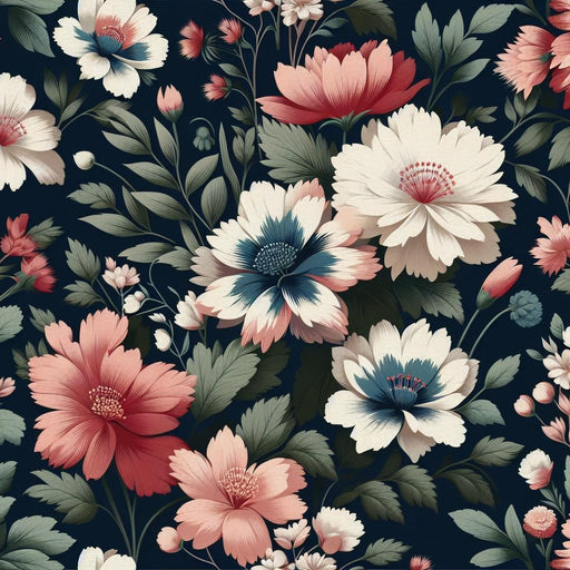 Vintage Floral Mural Wallpaper | Colorful Cosmos Flowers on a Black Background
