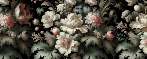 Vintage Floral Mural Wallpaper | Black Background and Pastel Colors with Large Leaves