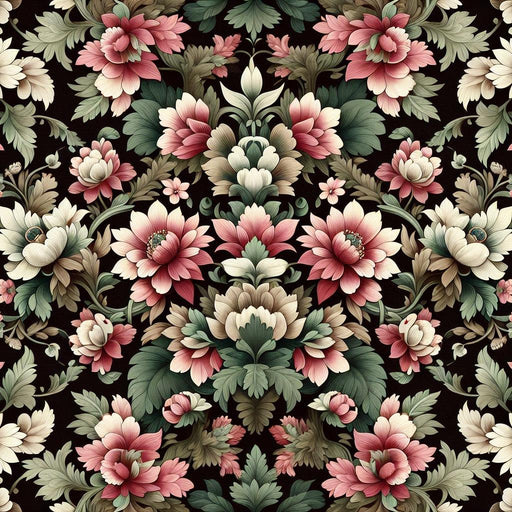 Vintage Floral Mural Wallpaper | Pink, White, and Green on Black Background