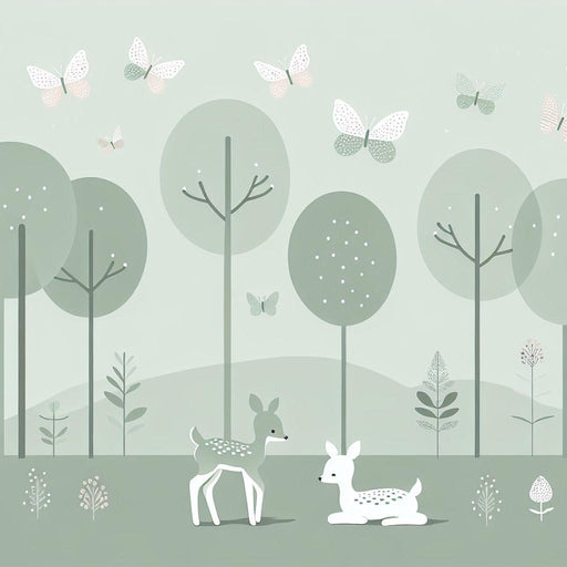 Deer Mural Wallpaper | Childish Illustration of Green Forest and Deer
