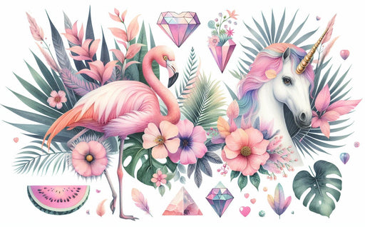 Unicorn Mural Wallpaper | Pink Flamingo, Retro Flowers and Colors