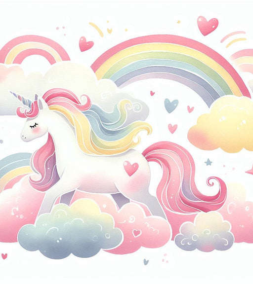 Unicorn Mural Wallpaper | Rainbow, Clouds, Hearts, and Little Unicorn
