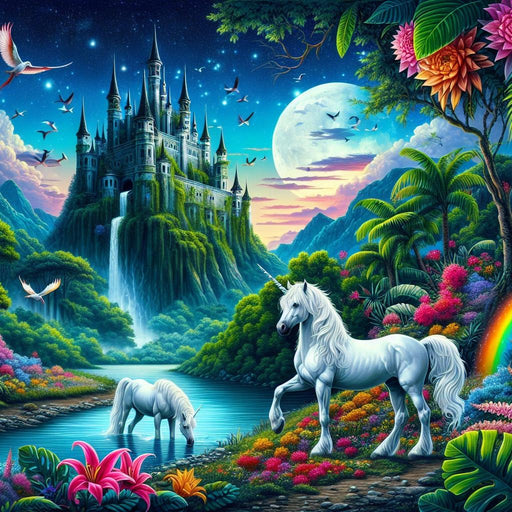 Unicorn Mural Wallpaper | Castle in the Colorful and Flowered Mountain