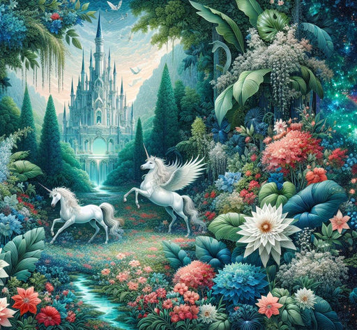 Unicorn Mural Wallpaper | Castle in a Tropical Forest with Unicorn Duo