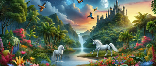 Unicorn Mural Wallpaper | Castle, Waterfall, and Unicorn in the Tropics