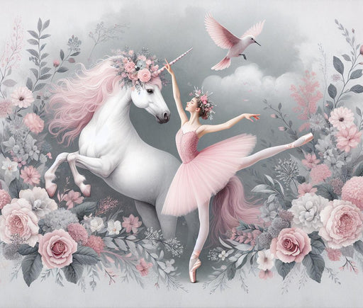 Unicorn Mural Wallpaper | Dancer and Unicorn in Pink Flowers