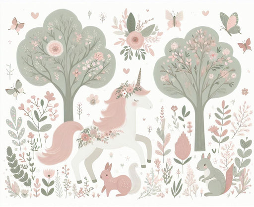 Unicorn Mural Wallpaper | Drawing of an Enchanted Forest and Imaginary Animals