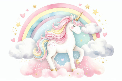 Unicorn Mural Wallpaper | Drawing of a Rainbow Unicorn with Clouds