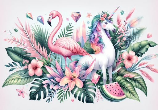 Unicorn Mural Wallpaper | Pink Flamingo, Foliage, and Tropical Flowers