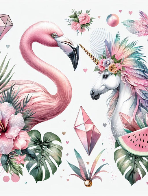 Unicorn Mural Wallpaper | Pink Flamingo, Colorful Foliage, and Rainbow Unicorn