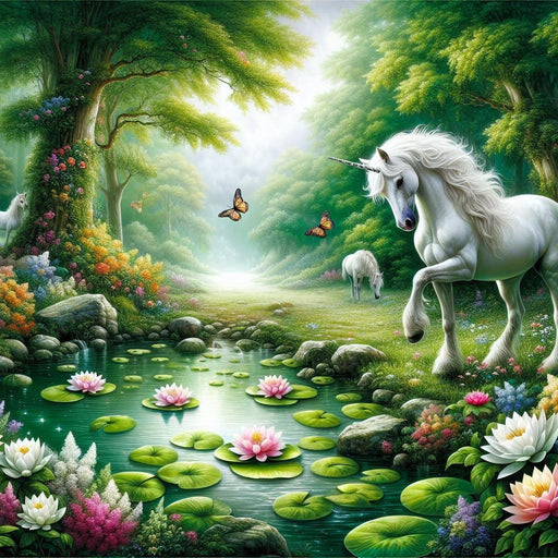 Unicorn Mural Wallpaper | Enchanted Forest with Butterflies and Pond