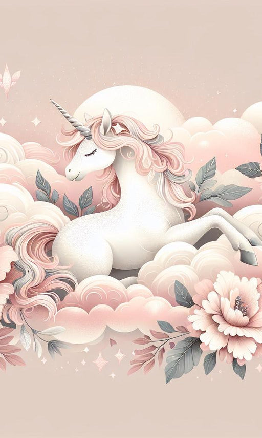 Unicorn Mural Wallpaper | Pink Flower Clouds and Lying Unicorn