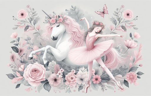 Unicorn Mural Wallpaper | Little Girl in Tutu and Pink Flowers