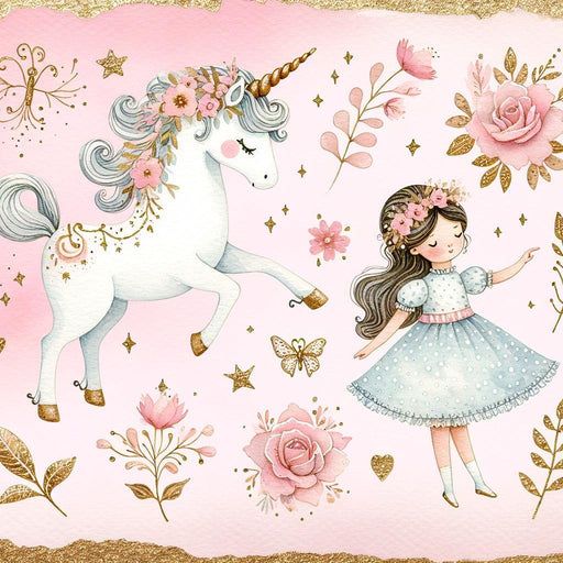 Unicorn Mural Wallpaper | Little Girl and Dancing Unicorn