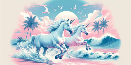 Unicorn Mural Wallpaper | Tropical Beach with Pink and Blue Background