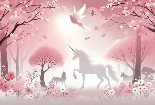 Unicorn Mural Wallpaper | Imaginary Animal Silhouettes in the Middle of the Pink Forest