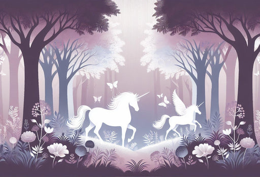 Unicorn Mural Wallpaper | White Unicorn Silhouettes in a Pink-Toned Forest