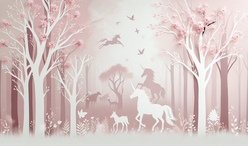 Unicorn Mural Wallpaper | Unicorn Silhouettes in a Pink Forest